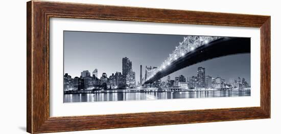 Queensboro Bridge over New York City East River Black and White at Night with River Reflections And-Songquan Deng-Framed Photographic Print