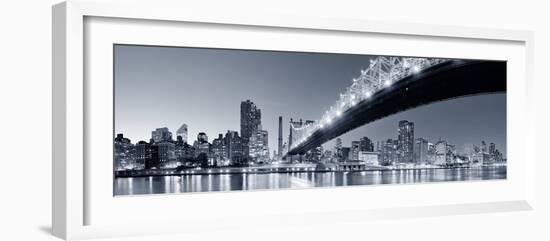 Queensboro Bridge over New York City East River Black and White at Night with River Reflections And-Songquan Deng-Framed Photographic Print