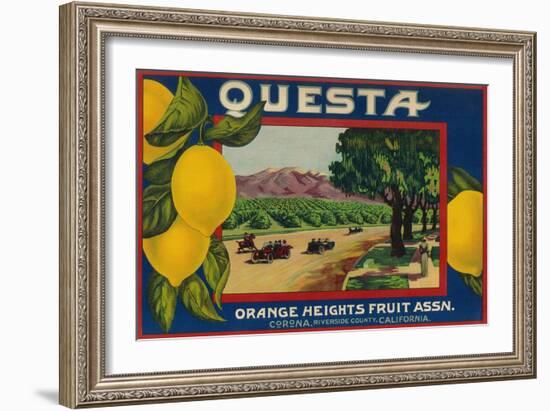 Questa Lemon Label - Corona, CA-Lantern Press-Framed Art Print