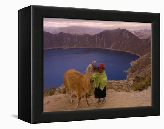 Quichua Indian Child with Llama, Quilatoa Crater Lake, Ecuador-Pete Oxford-Framed Premier Image Canvas