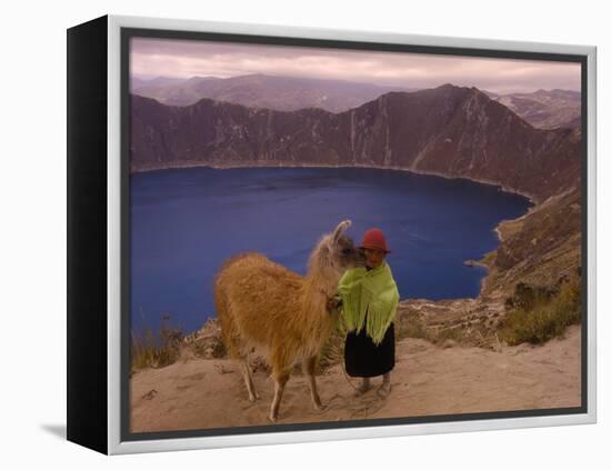 Quichua Indian Child with Llama, Quilatoa Crater Lake, Ecuador-Pete Oxford-Framed Premier Image Canvas