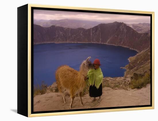 Quichua Indian Child with Llama, Quilatoa Crater Lake, Ecuador-Pete Oxford-Framed Premier Image Canvas