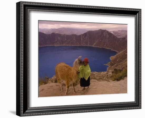 Quichua Indian Child with Llama, Quilatoa Crater Lake, Ecuador-Pete Oxford-Framed Photographic Print