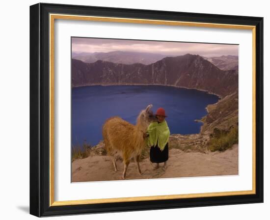 Quichua Indian Child with Llama, Quilatoa Crater Lake, Ecuador-Pete Oxford-Framed Photographic Print