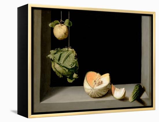 Quince, Cabbage, Melon, and Cucumber, C.1602-Juan Sanchez Cotan-Framed Premier Image Canvas