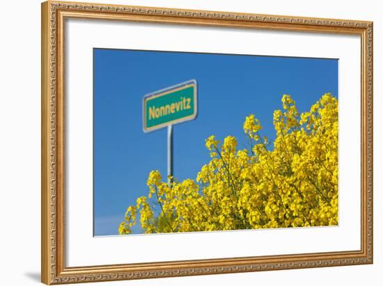 RŸgen, Rape in Front of Blue Sky, Town Sign Nonnevitz-Catharina Lux-Framed Photographic Print