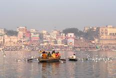 Hindu Pilgrims on Boat in the Ganges River, Varanasi, India-R M Nunes-Framed Premier Image Canvas