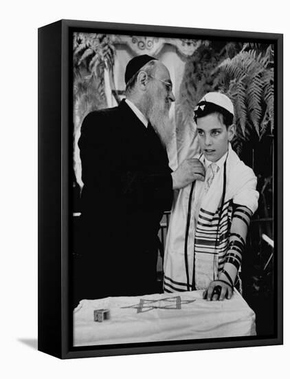 Rabbi David S. Novoseller Adjusting Carl Jay Bodek's Robe During Ceremony-Lisa Larsen-Framed Premier Image Canvas