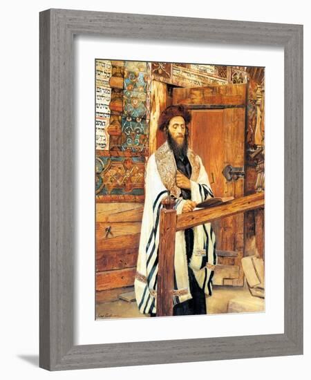 Rabbi in Front of the Wooden Synagogue Jablonow-Isidor Kaufmann-Framed Art Print