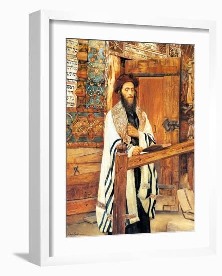 Rabbi in Front of the Wooden Synagogue Jablonow-Isidor Kaufmann-Framed Art Print