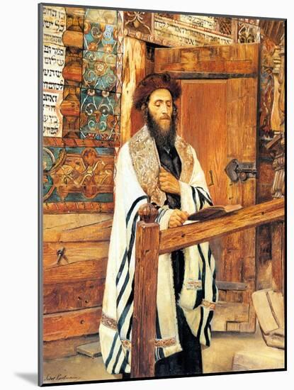Rabbi in Front of the Wooden Synagogue Jablonow-Isidor Kaufmann-Mounted Art Print
