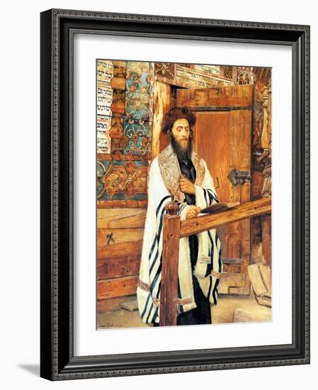 Rabbi in Front of the Wooden Synagogue Jablonow-Isidor Kaufmann-Framed Art Print