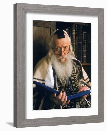 Rabbi Joshua Heshil Holtovski, Leader of the Karlin Chassidic Sect, Praying in Mea Sherin Temple-Alfred Eisenstaedt-Framed Photographic Print