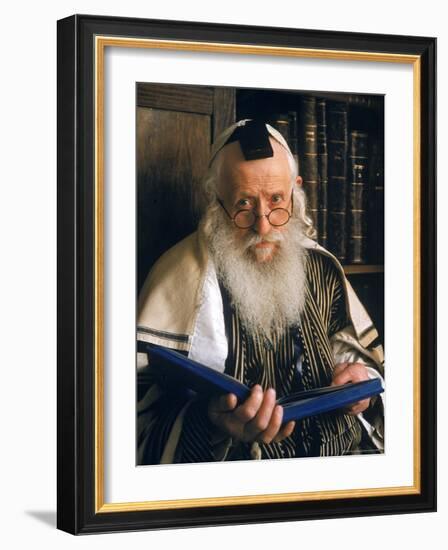 Rabbi Joshua Heshil Holtovski, Leader of the Karlin Chassidic Sect, Praying in Mea Sherin Temple-Alfred Eisenstaedt-Framed Photographic Print