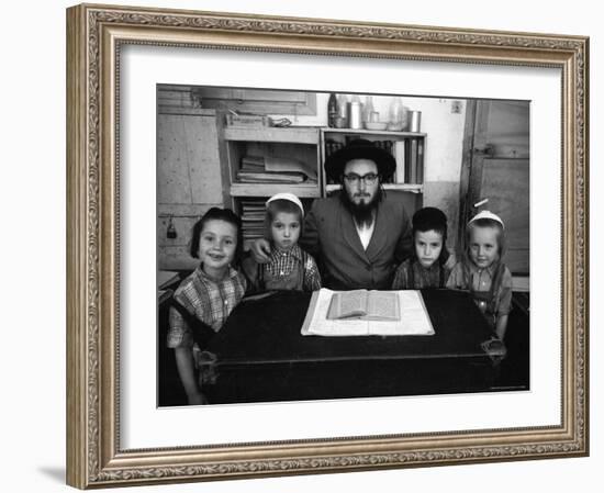 Rabbi Posing with His Young Students Who Are Learning to Read Hebrew at This Orthodox School-Paul Schutzer-Framed Photographic Print