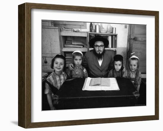 Rabbi Posing with His Young Students Who Are Learning to Read Hebrew at This Orthodox School-Paul Schutzer-Framed Photographic Print