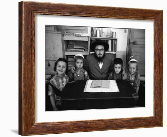 Rabbi Posing with His Young Students Who Are Learning to Read Hebrew at This Orthodox School-Paul Schutzer-Framed Photographic Print