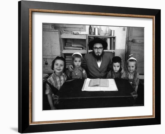 Rabbi Posing with His Young Students Who Are Learning to Read Hebrew at This Orthodox School-Paul Schutzer-Framed Photographic Print