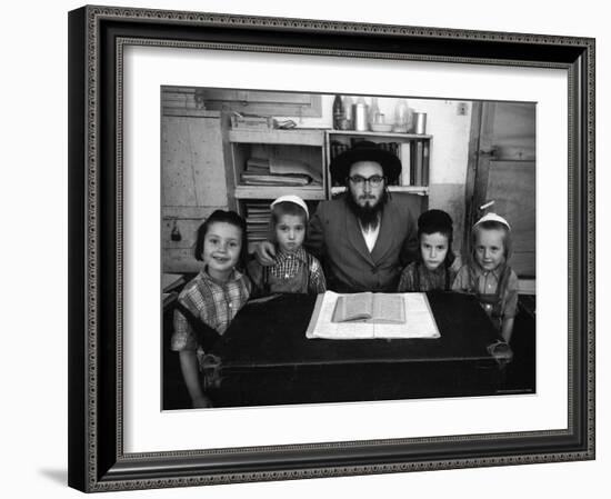 Rabbi Posing with His Young Students Who Are Learning to Read Hebrew at This Orthodox School-Paul Schutzer-Framed Photographic Print