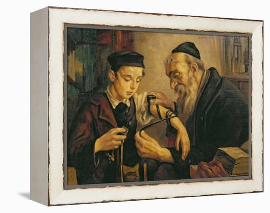 Rabbi Tying the Phylacteries to the Arm of a Boy-null-Framed Premier Image Canvas