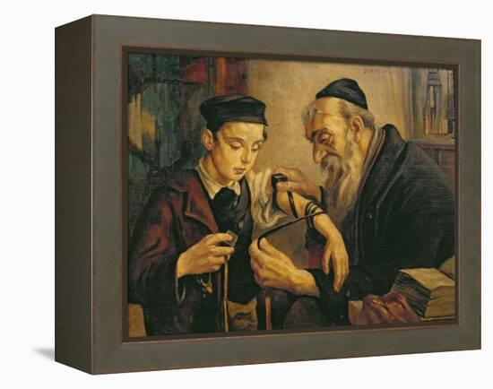 Rabbi Tying the Phylacteries to the Arm of a Boy-null-Framed Premier Image Canvas