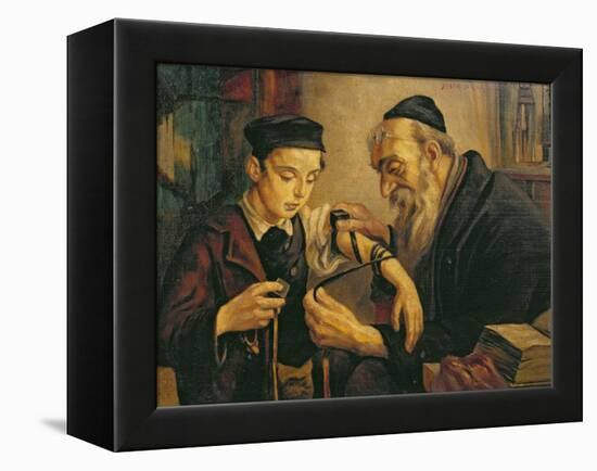 Rabbi Tying the Phylacteries to the Arm of a Boy-null-Framed Premier Image Canvas