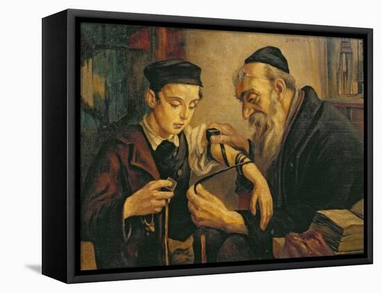 Rabbi Tying the Phylacteries to the Arm of a Boy-null-Framed Premier Image Canvas