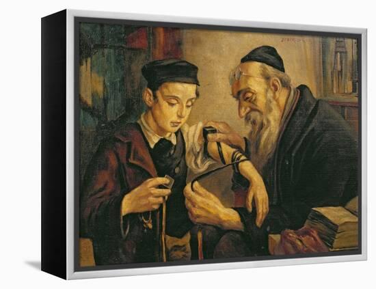 Rabbi Tying the Phylacteries to the Arm of a Boy-null-Framed Premier Image Canvas