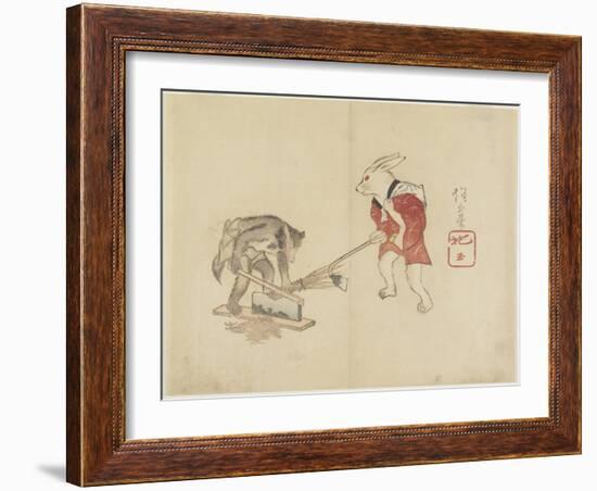 Rabbit and Raccoon Chopping Straw, C. 1830-Hogyoku-Framed Giclee Print