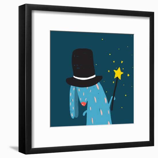 Rabbit in Black Hat Doing Tricks with Magic Wand. Colorful Dark Magical Illustration for Kids Greet-Popmarleo-Framed Art Print