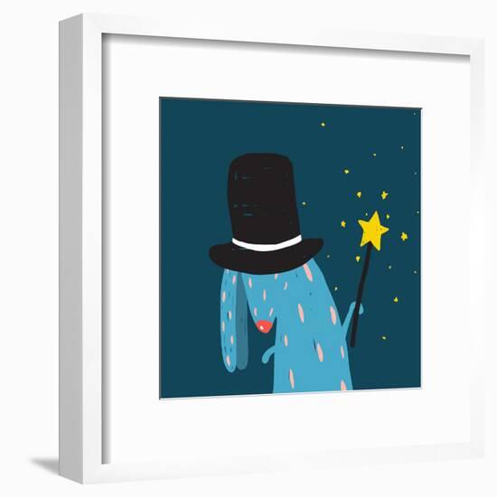 Rabbit in Black Hat Doing Tricks with Magic Wand. Colorful Dark Magical Illustration for Kids Greet-Popmarleo-Framed Art Print