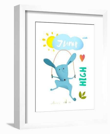 Rabbit Jumping Rope for Kids. Hare Jumping High Skipping Animal Cartoon Watercolor Style, Vector Il-Popmarleo-Framed Art Print