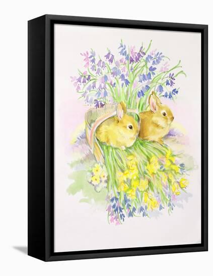 Rabbits in a Basket with Daffodils and Bluebells-Diane Matthes-Framed Premier Image Canvas