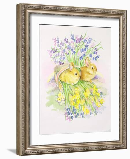 Rabbits in a Basket with Daffodils and Bluebells-Diane Matthes-Framed Giclee Print