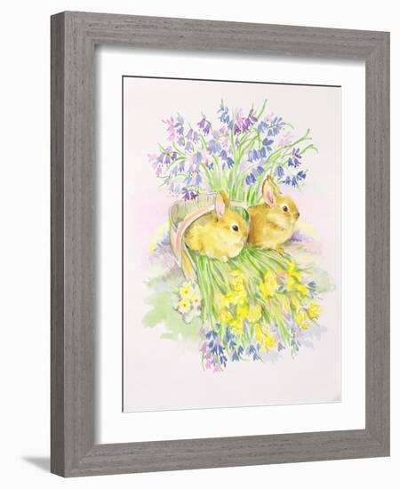 Rabbits in a Basket with Daffodils and Bluebells-Diane Matthes-Framed Giclee Print