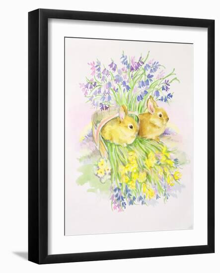 Rabbits in a Basket with Daffodils and Bluebells-Diane Matthes-Framed Giclee Print