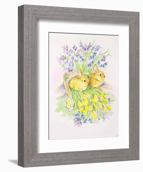 Rabbits in a Basket with Daffodils and Bluebells-Diane Matthes-Framed Giclee Print