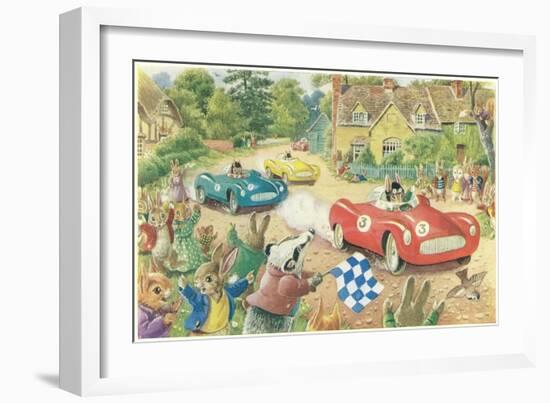 Rabbits in Race Cars-null-Framed Art Print