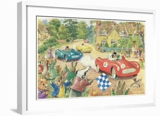 Rabbits in Race Cars-null-Framed Art Print