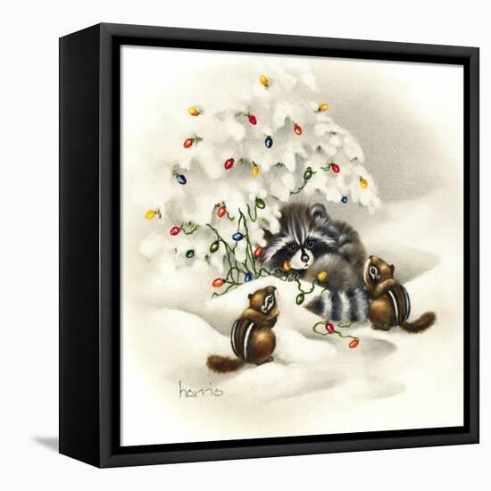 Raccoon, Chipmunks and Christmas Lights-Peggy Harris-Framed Premier Image Canvas