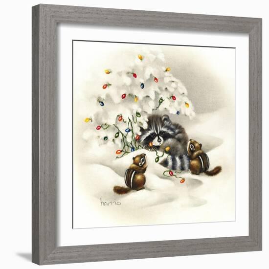 Raccoon, Chipmunks and Christmas Lights-Peggy Harris-Framed Giclee Print