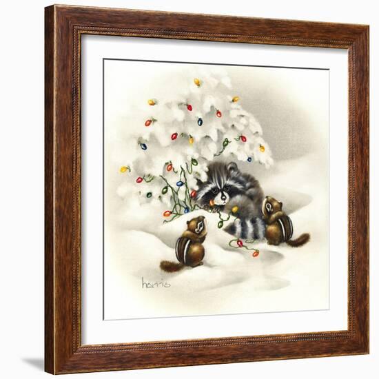 Raccoon, Chipmunks and Christmas Lights-Peggy Harris-Framed Giclee Print