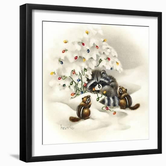 Raccoon, Chipmunks and Christmas Lights-Peggy Harris-Framed Giclee Print