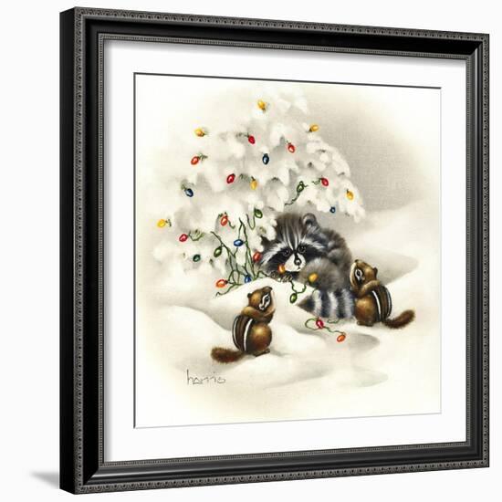 Raccoon, Chipmunks and Christmas Lights-Peggy Harris-Framed Giclee Print