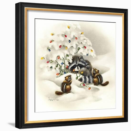 Raccoon, Chipmunks and Christmas Lights-Peggy Harris-Framed Giclee Print