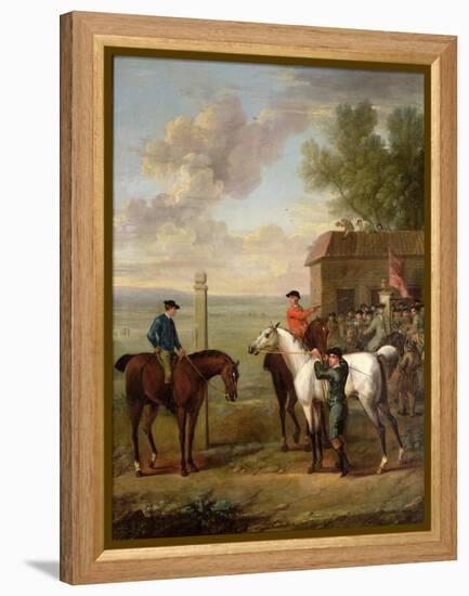 Racehorses with Jockeys Up by the Rubbing Down House on Newmarket Heath-John Wootton-Framed Premier Image Canvas