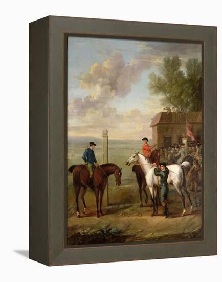 Racehorses with Jockeys Up by the Rubbing Down House on Newmarket Heath-John Wootton-Framed Premier Image Canvas