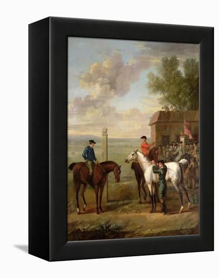 Racehorses with Jockeys Up by the Rubbing Down House on Newmarket Heath-John Wootton-Framed Premier Image Canvas