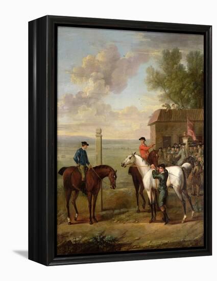 Racehorses with Jockeys Up by the Rubbing Down House on Newmarket Heath-John Wootton-Framed Premier Image Canvas