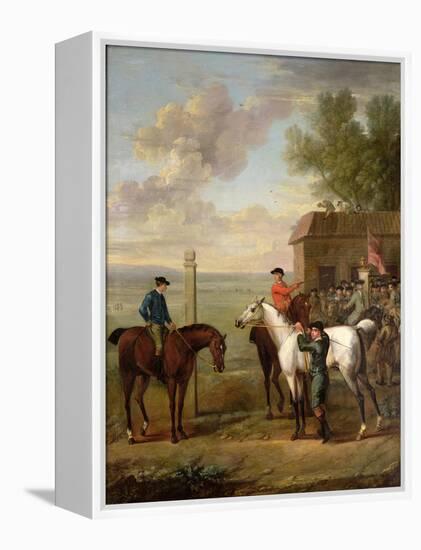 Racehorses with Jockeys Up by the Rubbing Down House on Newmarket Heath-John Wootton-Framed Premier Image Canvas